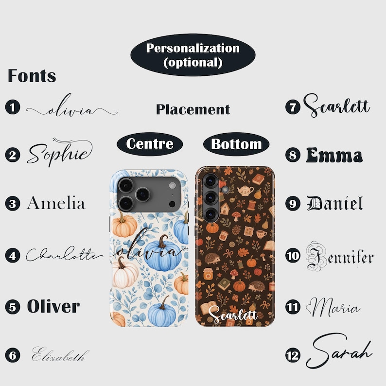 Puede incluir: Dos fundas para smartphone con motivos oto&ntilde;ales. La funda izquierda muestra calabazas azules y naranjas con follaje sobre fondo blanco. La funda derecha tiene un fondo marr&oacute;n oscuro con peque&ntilde;as calabazas, erizos y libros. Incluye opciones de fuente.