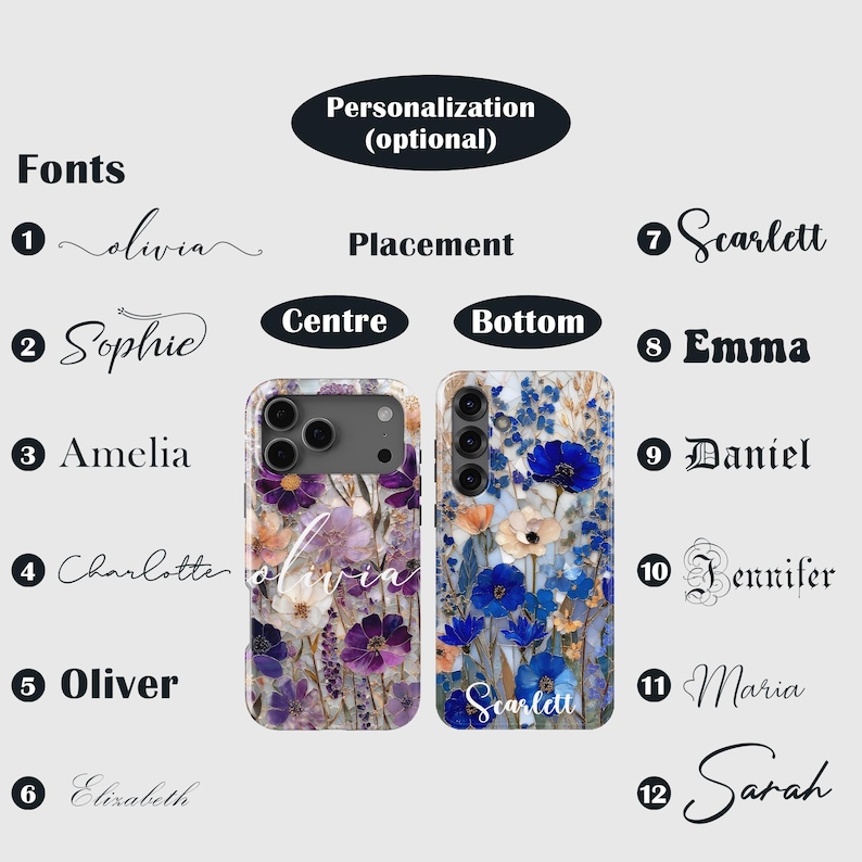 May include: Two floral phone cases with personalization options. One case features purple and white flowers with "Olivia" in cursive. The other case has blue flowers with "Scarlett" at the bottom. Font options and placement are shown.