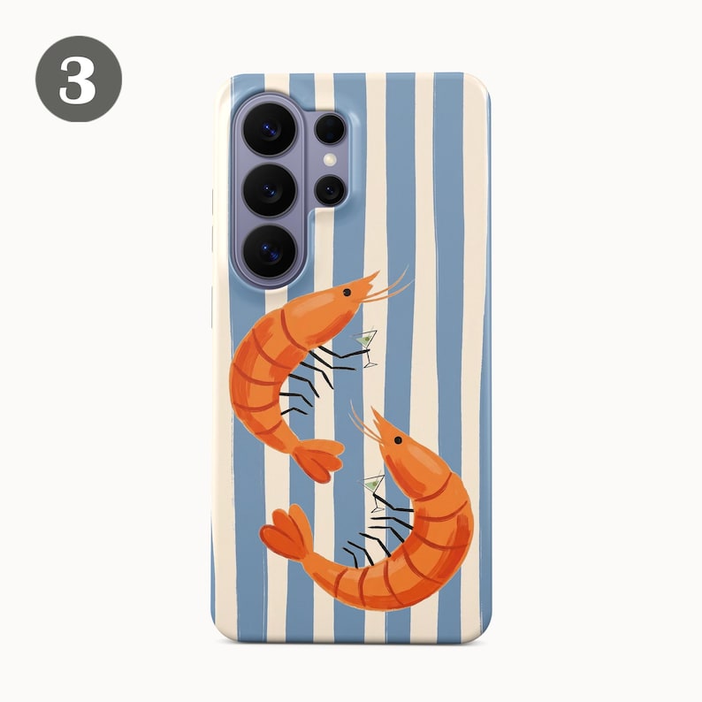 May include: A smartphone case with a design of two orange prawns, each holding a cocktail glass, set against a backdrop of blue and white vertical stripes. The case is for a mobile phone.