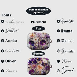 May include: Image of a personalised earbud case with a floral design in purple, white, and peach. The text "Sophie" and "Charlotte" are displayed on the cases. Font and placement options are also shown.