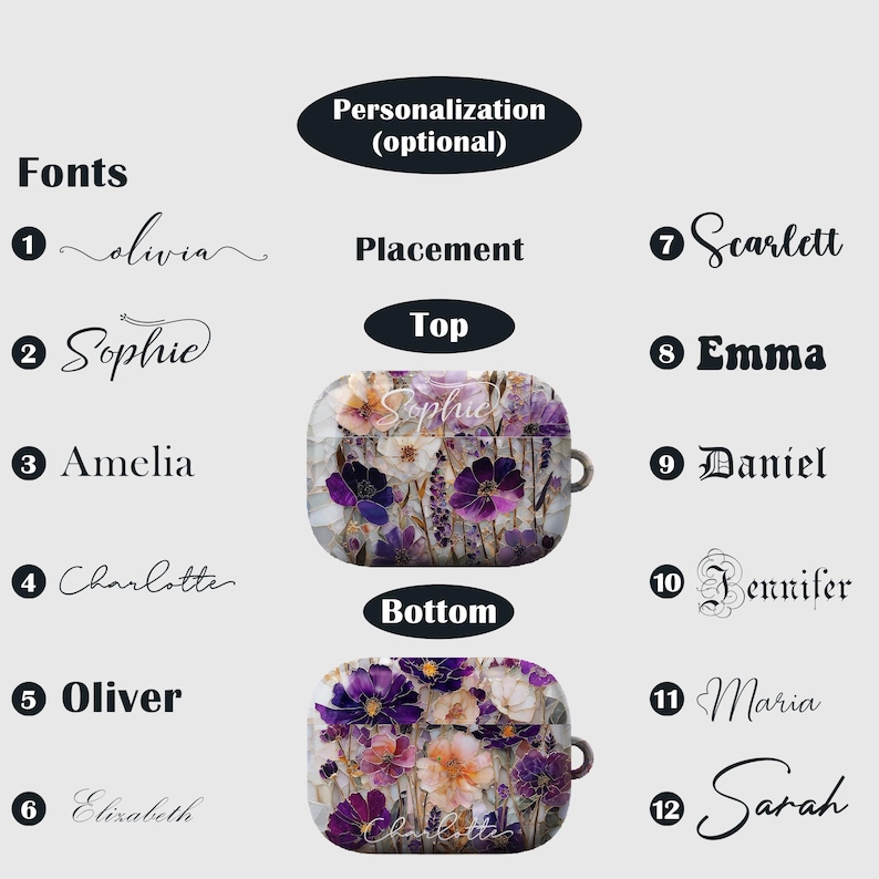 May include: Image of a personalised earbud case with a floral design in purple, white, and peach. The text "Sophie" and "Charlotte" are displayed on the cases. Font and placement options are also shown.