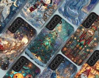 Gebrandschilderd glas kerst telefoonhoesje – Winter Art Cover voor Samsung S25 Ultra S24 FE S23 Plus A56 A16 iPhone 17 Pro 16 15 14 13 12 Pixel 10 9A