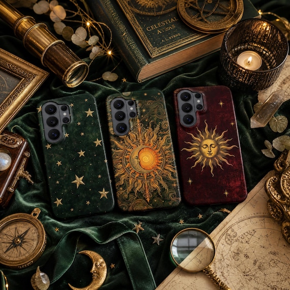Celestial Sun Moon Phone Case – Tarot Witchy Dark Academia Cover for Samsung S26 Ultra S25 FE S24 S23 iPhone 17 Pro Max 16 15 Plus Pixel 10A