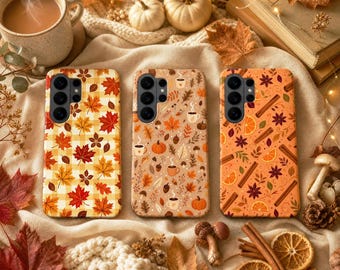 Gezellig telefoonhoesje met herfstbladeren – Herfstpompoen- en koffiecover voor Samsung S26 Ultra S25 FE S24 S23 iPhone 17 Pro Max 16 15 Plus 14 13 Pixel 10A