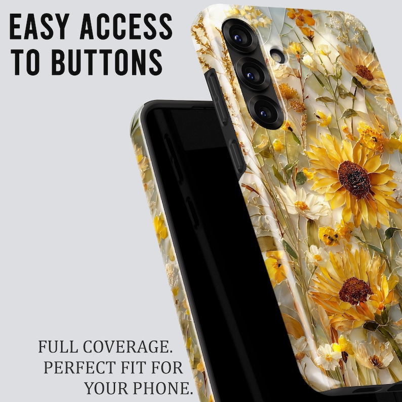 May include: A phone case with a floral design featuring yellow sunflowers and other wildflowers. The case is white with a black border and the text "EASY ACCESS TO BUTTONS" and "FULL COVERAGE. PERFECT FIT FOR YOUR PHONE."