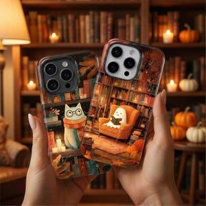 Cozy Ghost Cat Phone Case – Fall Bookshelf Cover for iPhone 17 Pro Max 16 15 14 13 12 Samsung S26 Ultra S25 S24 FE S23 Plus A17 Pixel 10 9A