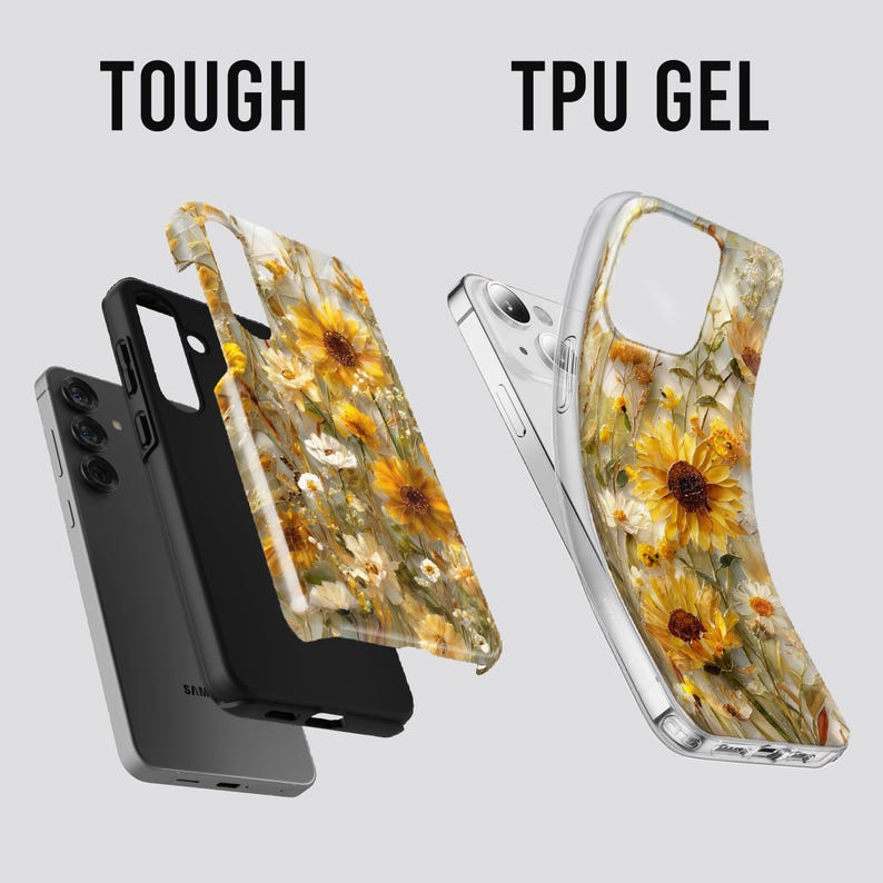 May include: Image of three phone cases. One is black, one is clear, and one is a floral design with yellow sunflowers and white flowers. The text "TOUGH" and "TPU GEL" are at the top of the image.