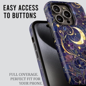 May include: A phone case with a stained-glass design featuring a crescent moon, stars, and floral elements in shades of blue, purple, and gold. The text "EASY ACCESS TO BUTTONS" and "FULL COVERAGE. PERFECT FIT FOR YOUR PHONE." are visible.