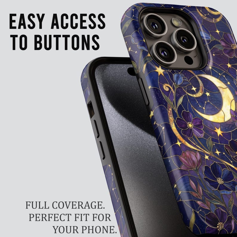 May include: A phone case with a stained-glass design featuring a crescent moon, stars, and floral elements in shades of blue, purple, and gold. The text "EASY ACCESS TO BUTTONS" and "FULL COVERAGE. PERFECT FIT FOR YOUR PHONE." are visible.
