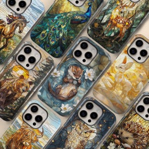 Handyhülle mit Tiermotiven aus Buntglas – Mosaik-Hülle mit Otter und Hirsch für iPhone 17 Pro Max, 16, 15, 14, Samsung S26 Ultra, S25, S24 FE, S23 Plus, Pixel 10 und 9A