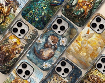 Stained Glass Animal Phone Case – Mosaic Otter & Deer Cover for iPhone 17 Pro Max 16 15 14 Samsung S26 Ultra S25 S24 FE S23 Plus Pixel 10 9A
