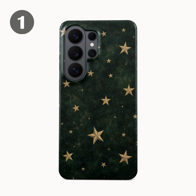 May include: A dark green smartphone case featuring a scattered pattern of gold-colored stars of varying sizes. The case has a cutout for a multi-lens camera system in the upper left corner and a smooth, dark, mottled background texture.