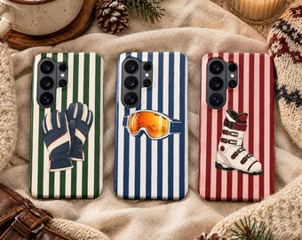 Skiing Retro Striped Phone Case – Preppy Winter Cover for Samsung S26 Ultra S25 FE S24 S23 iPhone 18 Pro Max 17 16 15 Plus 14 13 Pixel 11 10