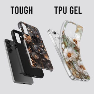 May include: Image of phone cases with floral designs. One case is black with dark flowers and gold accents. The other is clear with white flowers and green leaves. The text "TOUGH" and "TPU GEL" are at the top.