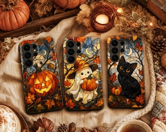 Stained Glass Halloween Phone Case – Spooky Ghost Pumpkin Cover for Samsung S26 Ultra S25 FE S24 S23 iPhone 17 Pro Max 16 15 Plus Pixel 10A