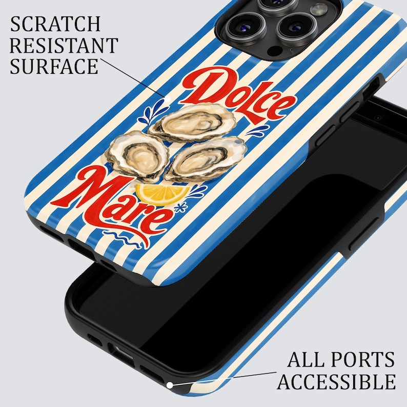 May include: A phone case with a blue and white striped pattern. The case features the words "Dolce Mare" in red script, along with illustrations of oysters and a lemon slice. The case is designed to protect the phone's surface.