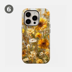 May include: A phone case featuring a floral design with sunflowers and other yellow and white flowers. The case has a glossy finish and a black border. The design is a mix of painted and photographic elements.
