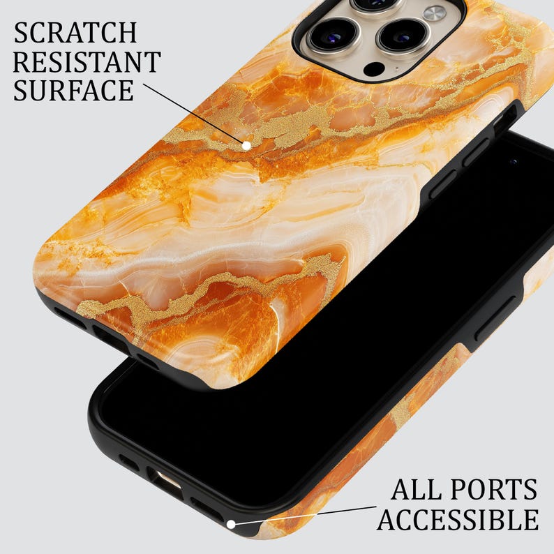 May include: A phone case with a marble pattern in shades of orange and gold. The case has a scratch resistant surface and all ports are accessible.