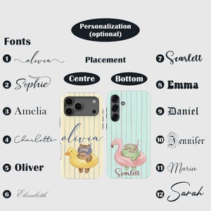May include: Two phone cases with personalized text options. One case features a cat in a snorkel on a duck float, the other a frog on a flamingo float. The text options include names like Olivia and Scarlett.