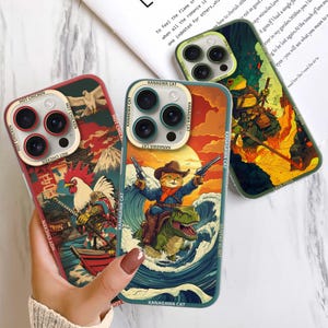 Cowboy Kat Telefoon Geval Japanse Kikker & Kip Cover past voor iPhone 16 15 14 13 12 Pro Max Samsung S25 Ultra S24 FE S23 Plus A15 A36 A55 A56