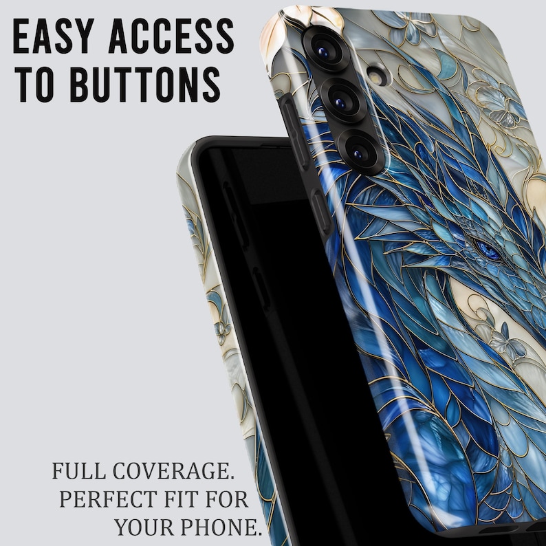 May include: A phone case featuring a blue dragon illustration with gold outlines and white floral accents. The text reads EASY ACCESS TO BUTTONS and FULL COVERAGE. PERFECT FIT FOR YOUR PHONE. The case has cutouts for the camera lenses and side buttons.