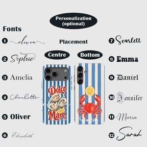 May include: Two phone cases with a blue and white striped design. One case features an oyster and the text "Dolce Mare", the other a red crab and a lemon. The image also shows font options and personalization details.