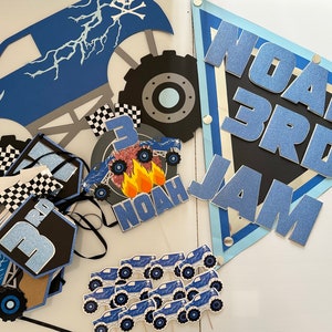 Monster Jam Party Package | Custom Monster Truck Birthday Decor | Cake Topper, Banner, Centerpieces  | Lights & Shaker Included