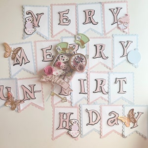 Alice in ONEderland Birthday Banner | First Birthday Tea Party Garland | Custom Name Wonderland Theme Banner