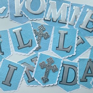 Baptism Banner | Christening Party Banner | God Bless Custom Name Garland | Religious Baby Shower or Ceremony Decor