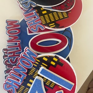 Puede incluir: Una pila de recortes de papel coloridos y en capas para una celebraci&oacute;n de cumplea&ntilde;os. Los recortes presentan los n&uacute;meros "0" y "12", la palabra "MONTHS" y un dise&ntilde;o de paisaje urbano. La combinaci&oacute;n de colores incluye rojo, azul, negro y amarillo.