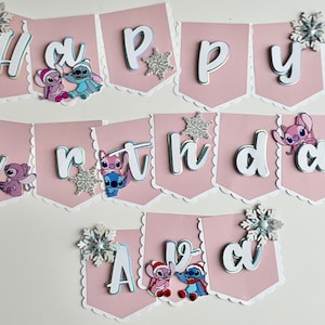 Winter Lilo and Stitch Birthday Banner | Snowy Stitch Party Garland | Holiday Stitch Theme Decor | Custom Name Banner