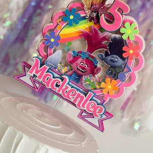Trolls Cake Topper | Poppy and Branch Birthday Decor | Glitter Rainbow Party Topper | Custom Trolls Name and Age