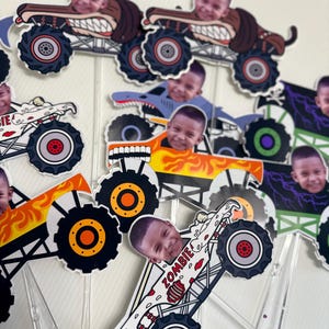 Monster Truck Centerpieces with Face | Custom Photo Picks | Grave Digger Birthday Decor