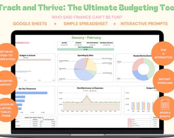 Puede incluir: Un ordenador portátil que muestra una hoja de cálculo de Google Sheets con una herramienta de presupuestación llamada "Track and Thrive: The Ultimate Budgeting Tool". La hoja de cálculo incluye gráficos y diagramas que muestran ingresos, gastos y ahorros. El texto "Who said finance can't be fun?" se muestra en la parte superior de la hoja de cálculo.