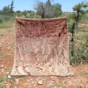 May include: A rectangular, handwoven rug with a geometric pattern in shades of brown, pink, and beige. The rug is displayed outdoors, leaning against a tree, with a clear blue sky in the background. The rug's design features repeating shapes.