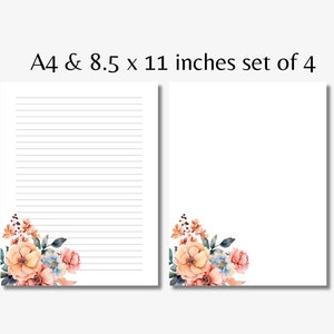 Printable Floral Stationery set of (2) US Letter size & (2 ) A4 size,  Lined and Unlined Paper, Printable Writing Paper, Instant Download