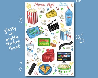 Movie Night Sticker Sheet | journal stickers, bujo, planner, movie theater, film
