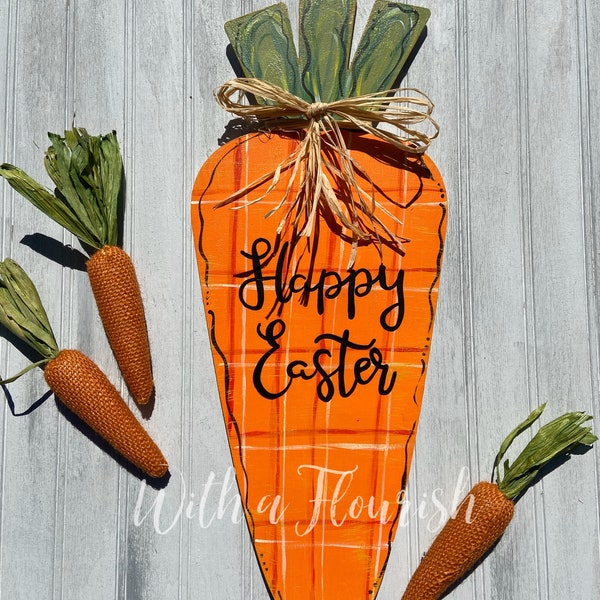 Happy Easter Hand Painted Wooden Carrot Sign