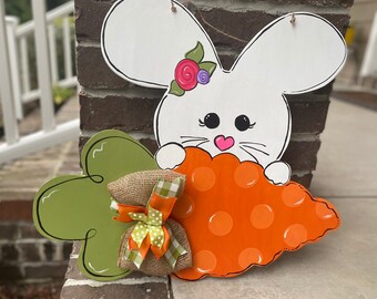 Easter Bunny with Carrot Wood Door Hanger Welcome Sign