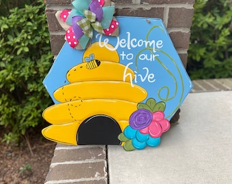 Bee Hive Wooden Door Hanger Summer Front Porch Sign
