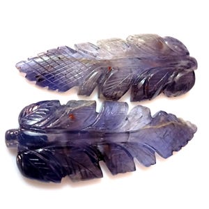 Carved Iolite Gemstone Pair: Natural Blue Leaf Pendants