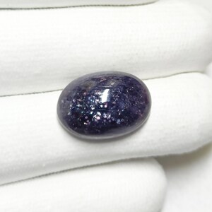 May include: A dark purple oval-shaped gemstone with a sparkly, iridescent finish.
