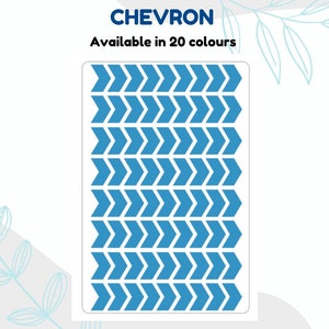 May include: A sheet of blue chevron stickers. The stickers are arranged in a repeating pattern of alternating chevrons. The text "CHEVRON" and "Available in 20 colours" is printed at the top of the sheet.