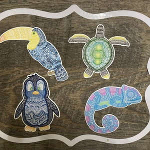 Stickers animaux | Zentangle fait main | Ensemble d'autocollants d'animaux exotiques | Imperméable disponible | Individuel ou ensemble | Vinyle haut de gamme brillant