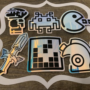 Ensemble d'autocollants en aluminium pour jeu vidéo | Autocollants holographiques en vinyle | Stickers sur le thème du jeu | Stickers de jeu nostalgiques duochrome