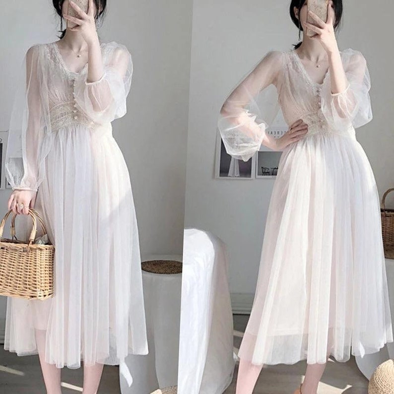 Cottagecore lolita off-white midi lace dress image 0