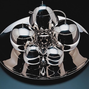 Alessi Sanaa Fruit Basket Complete Tea Set with addition of 4 cups, saucers, spoons. Rare & unused. Boxed. Purchased at Alessi in 2007.