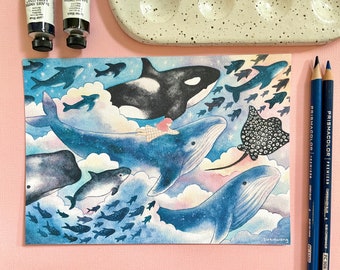Whale Migration art print | Illustration | Whimsical art | Children's picture | Wall art