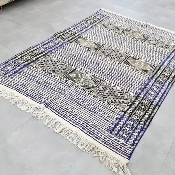 8.6 ft X 6 MOROCCAN HANDMADE RUG, Moroccan Rug , Nomad Moroccan Rugs , Core Door rugs , Hand Knotted Rugs , Blue Nomad Rugs