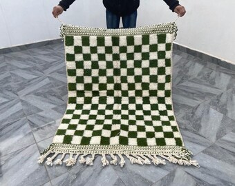 checkered green rug, hand knotted Rug soft wool Rug, Moroccan Rug